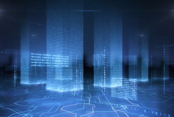 Abstract digital landscape featuring towering columns of streaming binary code, glowing in blue within a dark, reflective environment.