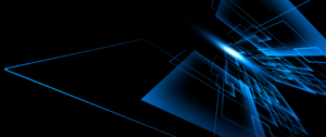 Abstract digital art of intersecting transparent rectangles with glowing blue highlights on a black background.