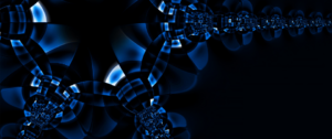 Abstract digital art featuring a series of interconnected, glossy, blue and black geometric shapes forming a tunnel-like pattern that recedes into the dark background