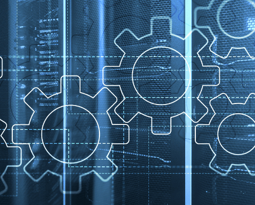 Digital illustration of interconnected cogwheels overlaying a data server room, representing agile engineering, automation, and system integration in a high-tech environment