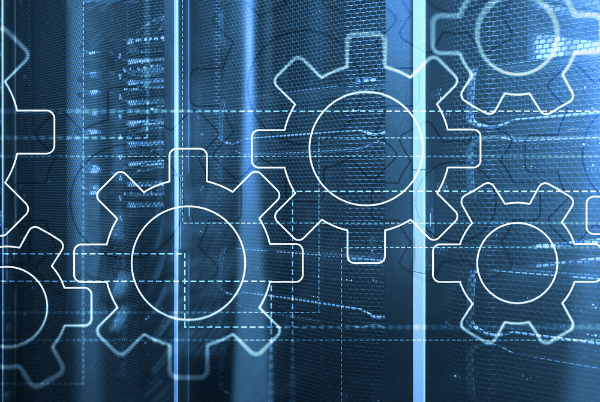 Digital illustration of interconnected cogwheels overlaying a data server room, representing agile engineering, automation, and system integration in a high-tech environment